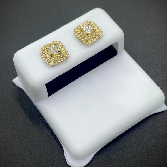 Baby Womens  Square Stud Earrings 14K Real Gold Push Back Baguette 2 Row CZ - Picture 5 of 6